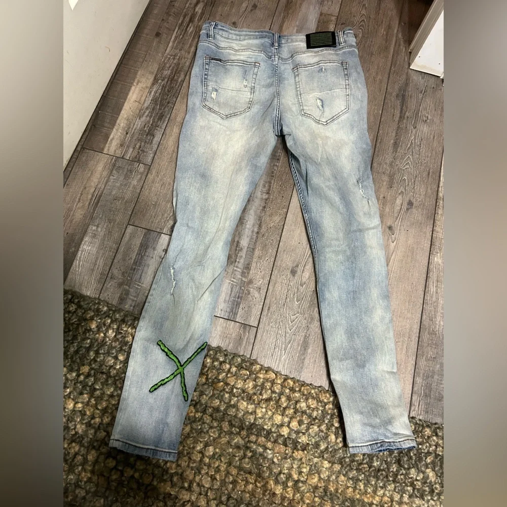 Se’renade acid washed Skinny distressed Streetwear Jeans Lime Green embroidery